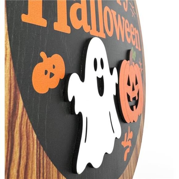 Happy Halloween Sign for Front Door,Round Wood Hanging Wreaths Sign - Picture 5 of 7